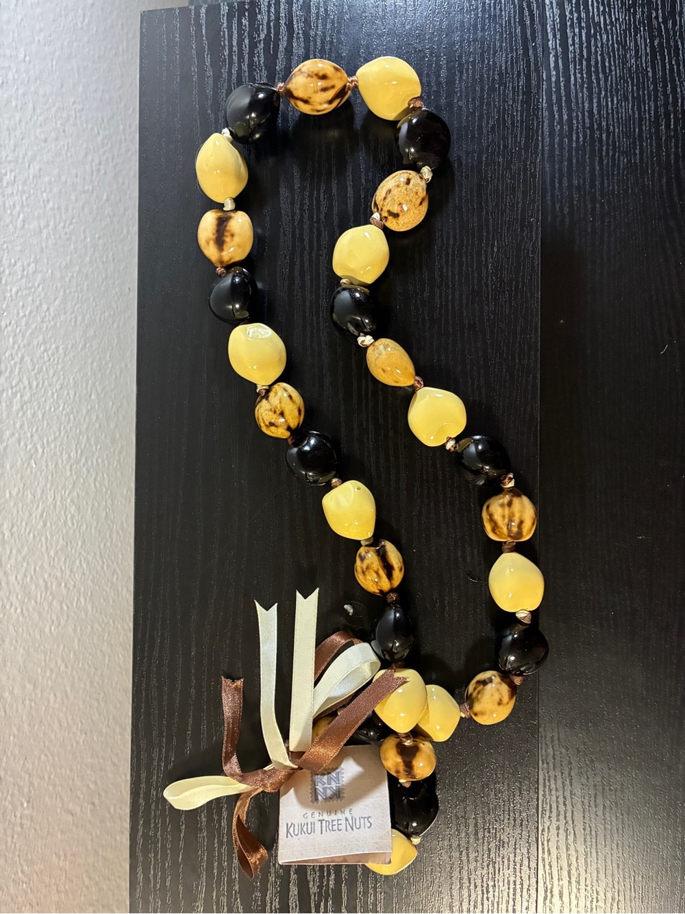 Hawaiian Polished Kuku Nut Lei Necklace Brown & Tan w/ Ribbon Tie Closure 36"
